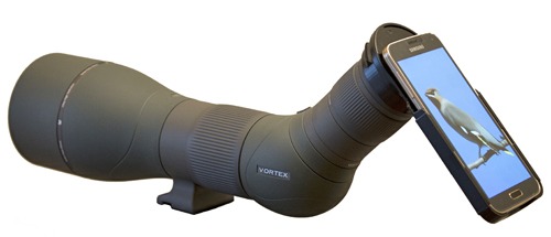 Vortex Razor HD 85mm spotting scope with Samsung Galaxy S5 connected via a dedicated S5 case and Razor HD eyepiece adapter